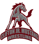 Clifton Jr. Mustangs Wrestling Logo.  A Mustang standing on arched all capital text spelling Clifton Jr. Mustangs Wrestling