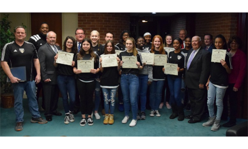 Burlington Township’s South Jersey Girls Soccer League teams honored at council meeting.