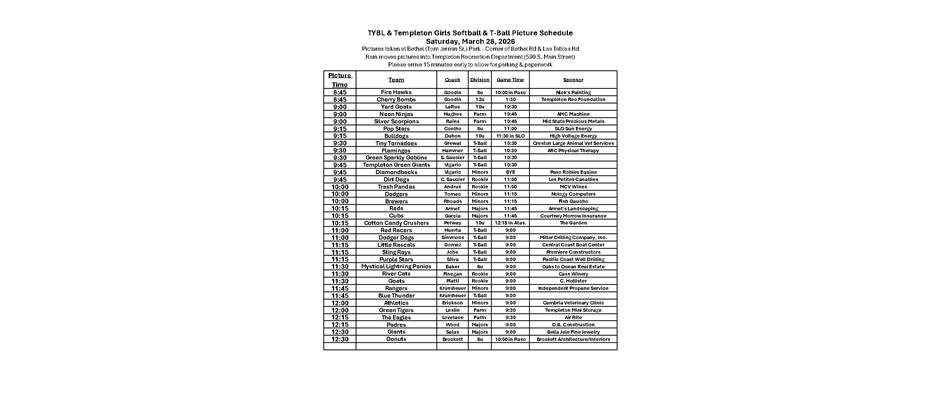 2026 T-Ball, Girls Softball & Boys Baseball Picture Schedule