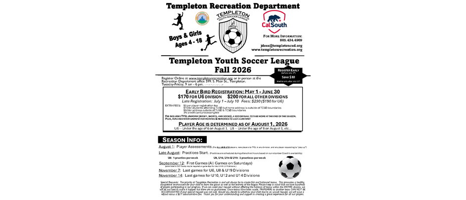 Templeton Youth Soccer Reg Starts May 1