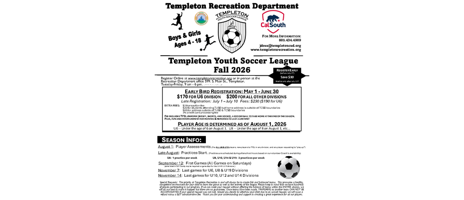 Templeton Youth Soccer Reg Starts May 1