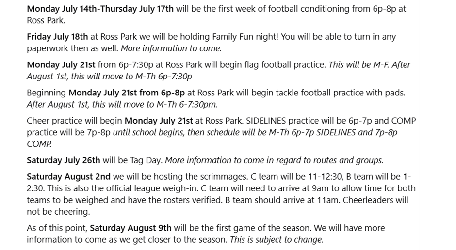 Upcoming Dates