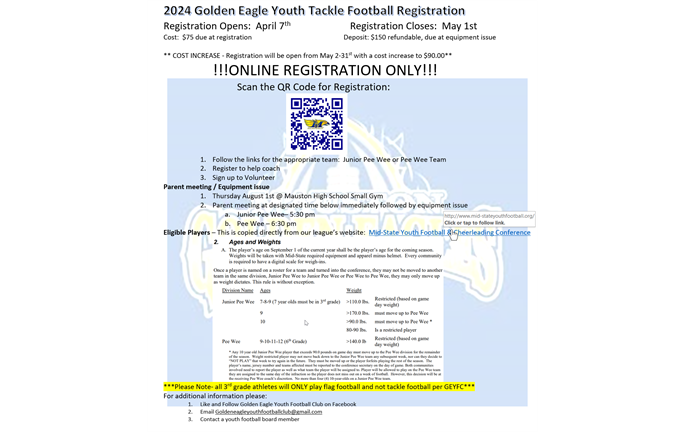 2024 Tackle Football Registration Flier