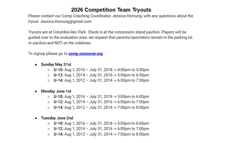 Tryout Schedule