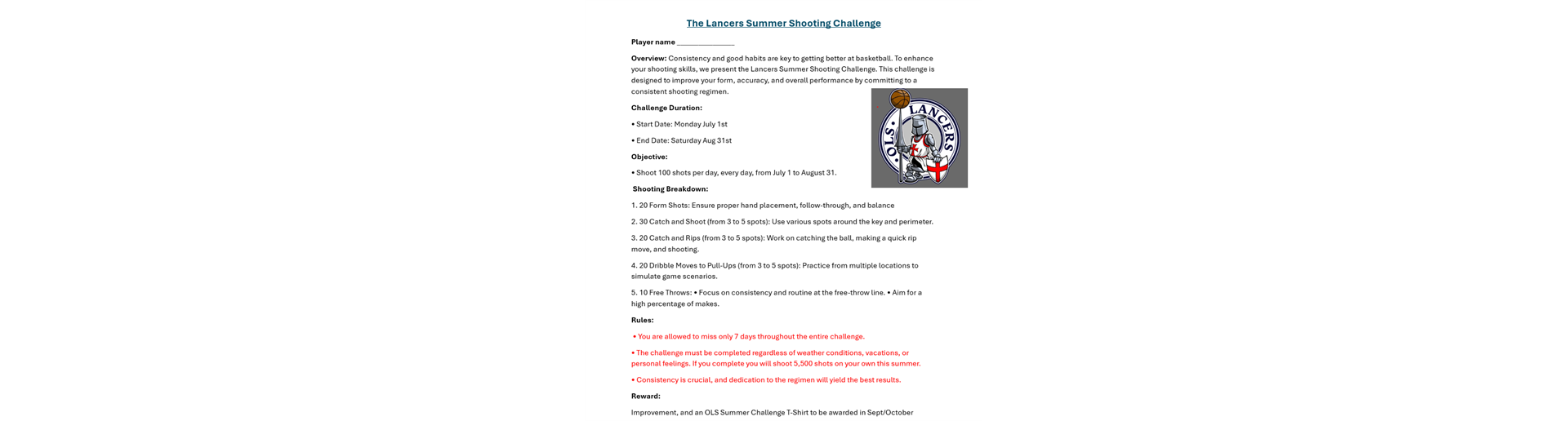 Lancer Summer Shooting Challenge