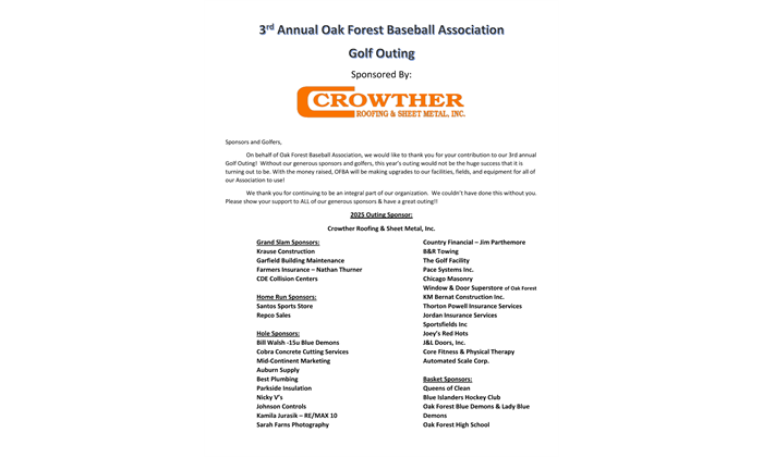OFBA GOLF OUTING THANK YOU