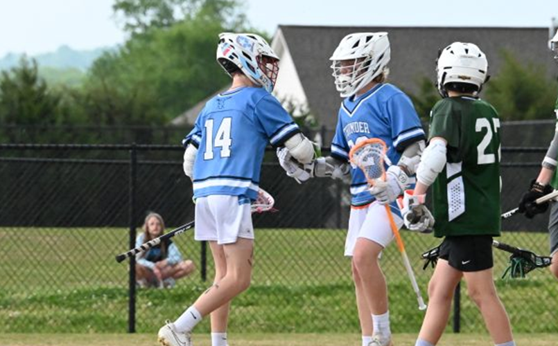 Captains Mac and Cade celebrate a goal versus the Outlaws