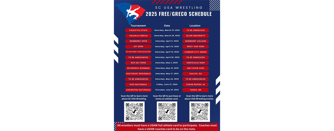 2025 SCUSAW Free Greco Schedule