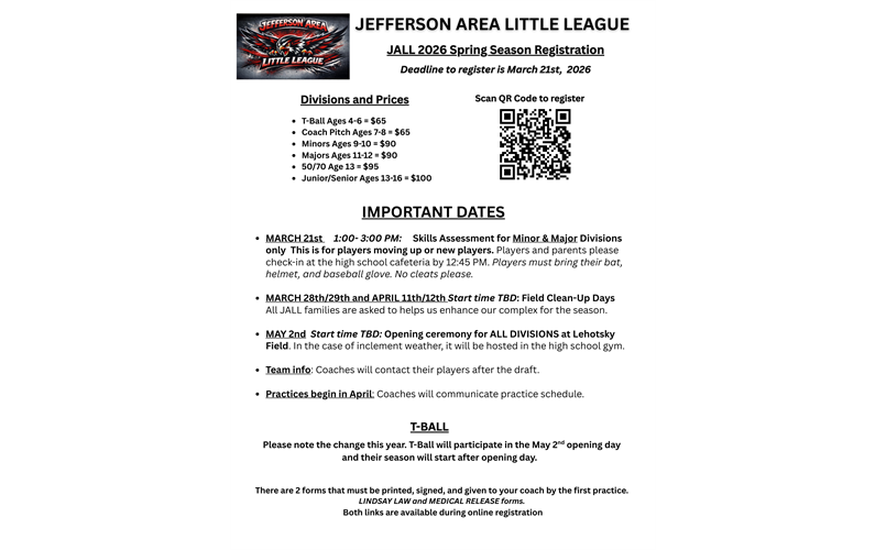 JALL Baseball 2026 Spring Registration