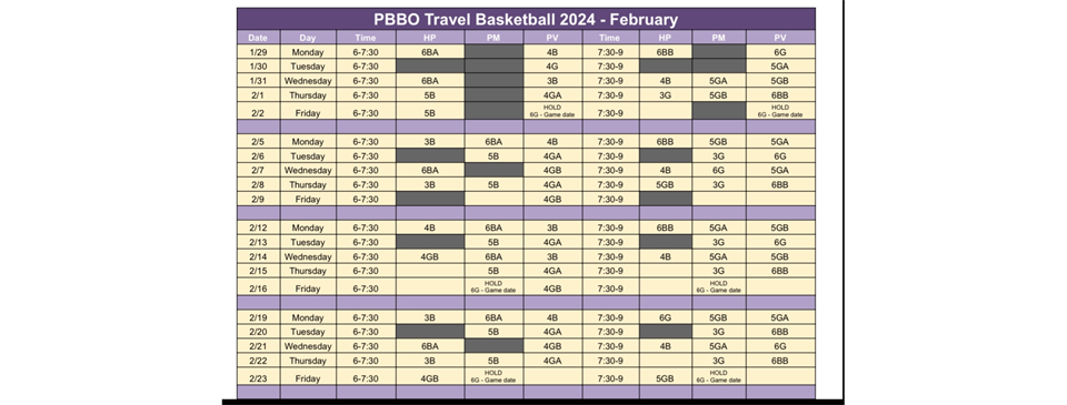 February Practice Schedule